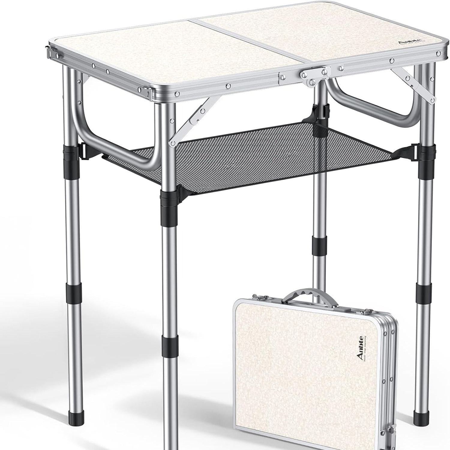 Adjustable Height 2ft Folding Camping Table with Storage Net