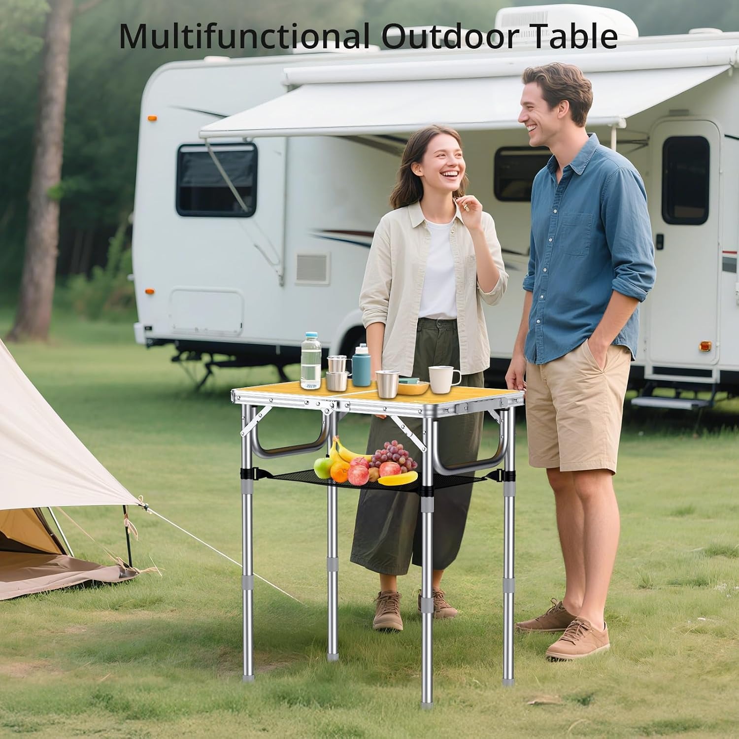 Adjustable Height 2ft Folding Camping Table with Storage Net