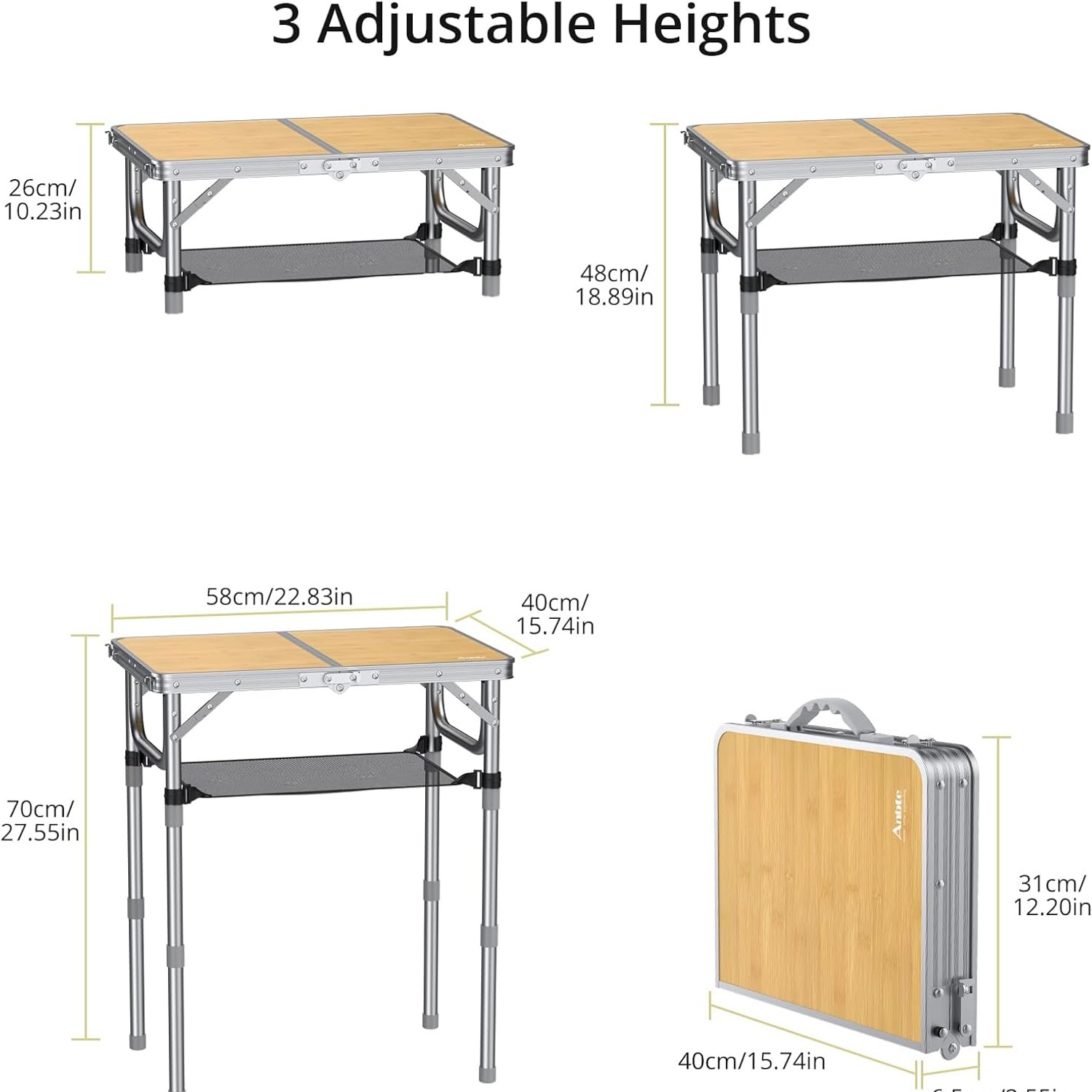 Adjustable Height 2ft Folding Camping Table with Storage Net