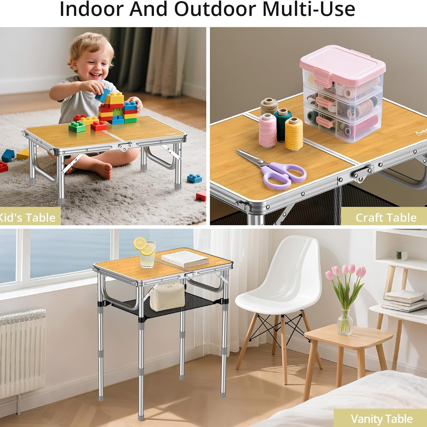 Adjustable Height 2ft Folding Camping Table with Storage Net