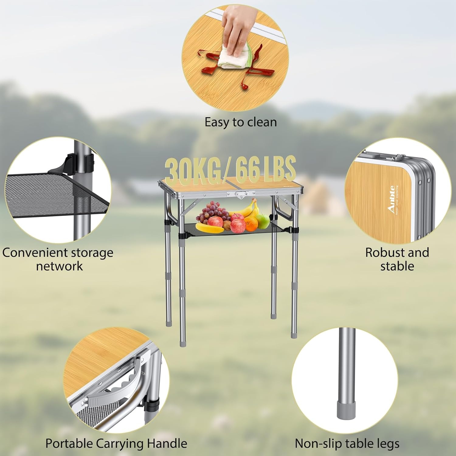 Adjustable Height 2ft Folding Camping Table with Storage Net