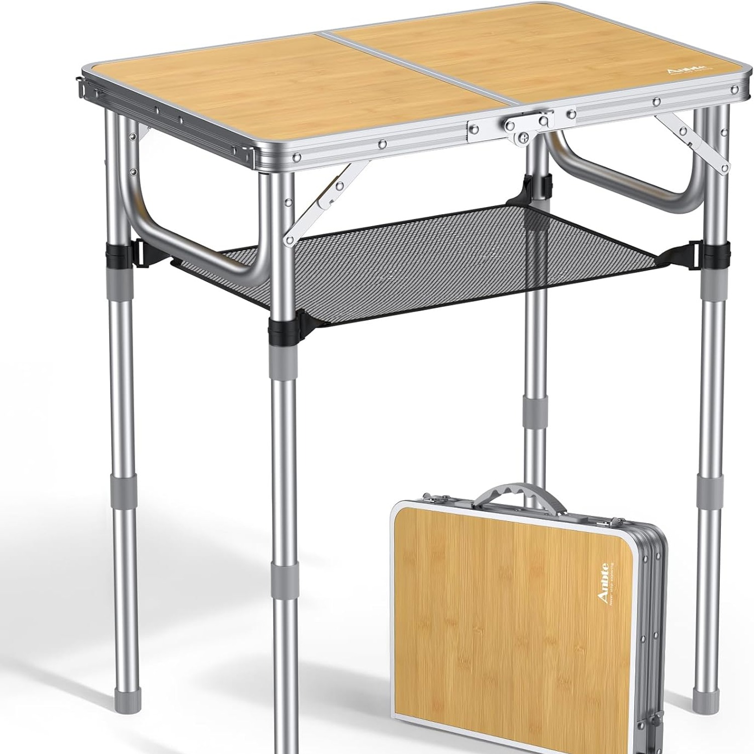 Adjustable Height 2ft Folding Camping Table with Storage Net