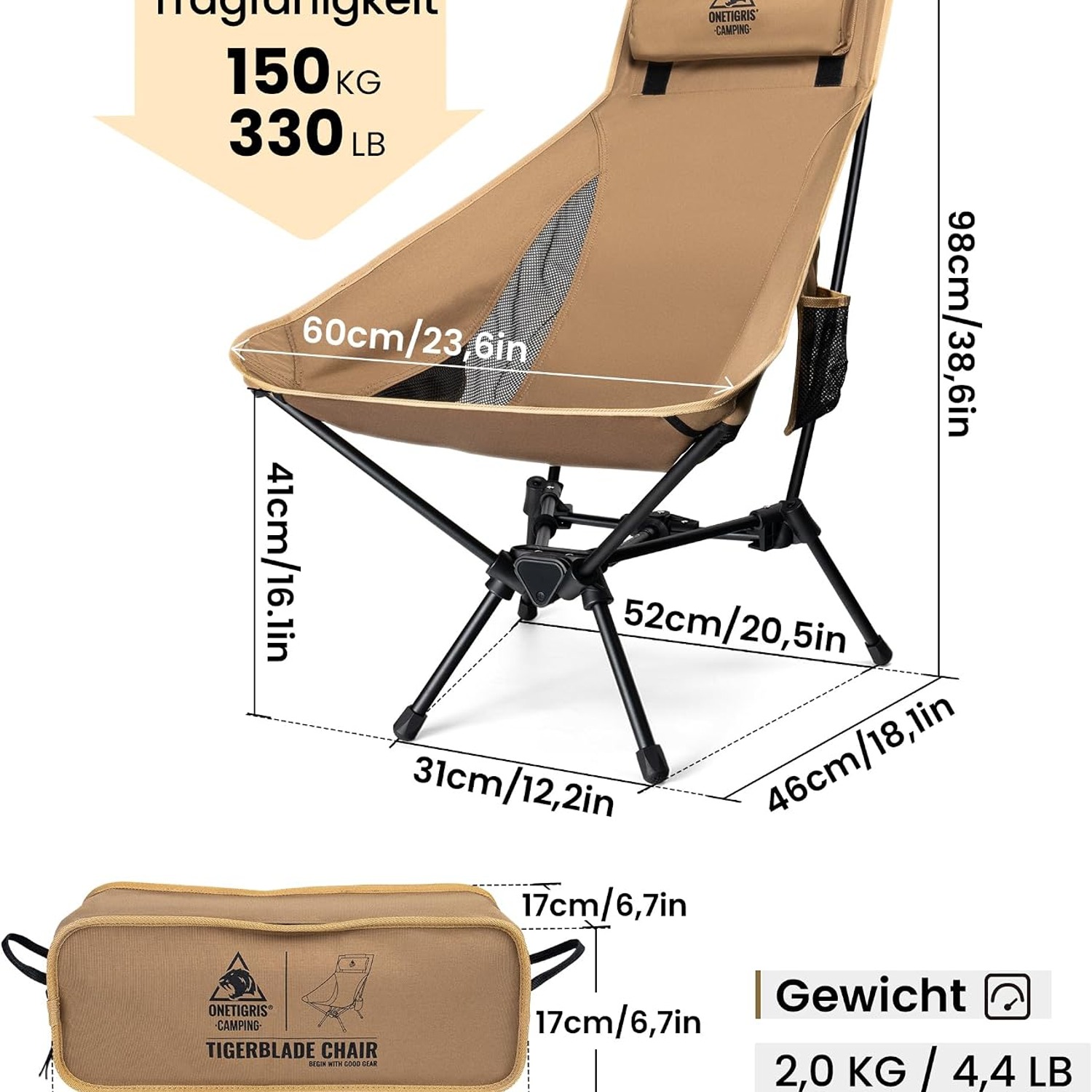 High Back Camping Chair with Removable Headrest
